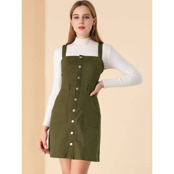 Women's Classic Adjustable Strap A-Line Overall Denim Dress Army Green - Picture 4 of 6